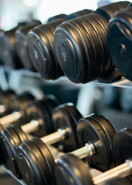 pexels-photo-260352-260352 Close-up view of black dumbbells neatly arranged on a rack in a gym.